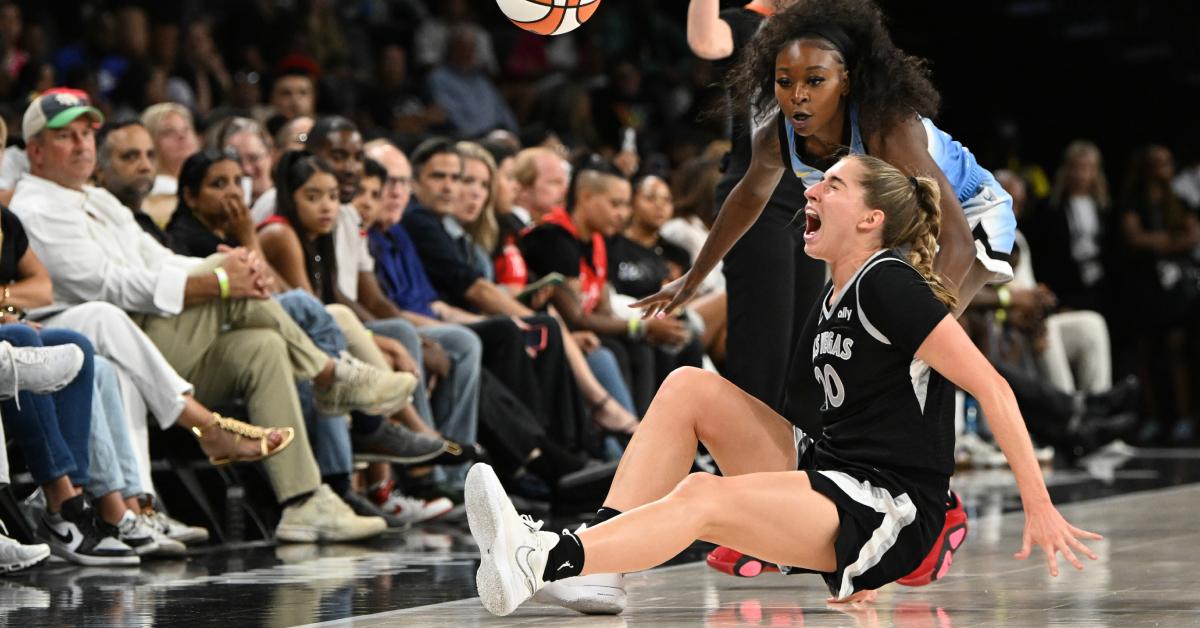 Kate Martin goes down with an injury in the first half of the the Aces-Sky game at Michelob ULTRA Arena on July 16, 2024.