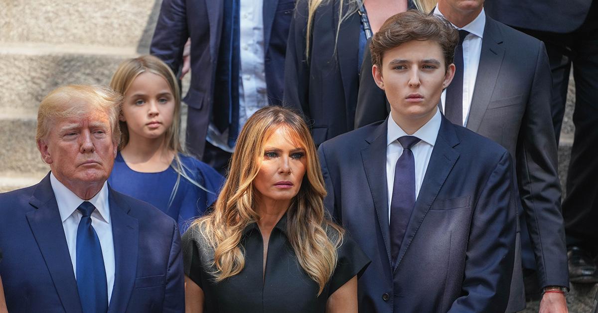 Barron Trump with his mother and father at the funeral of Ivana Trump. 